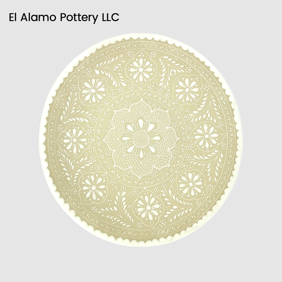 Handcrafted Talavera Salad & Dessert Plate – White on Beige Lace Floral Design (9")