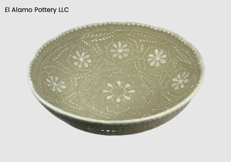 Handcrafted Talavera Serving Bowl – White Lacework on Taupe Base (12")
