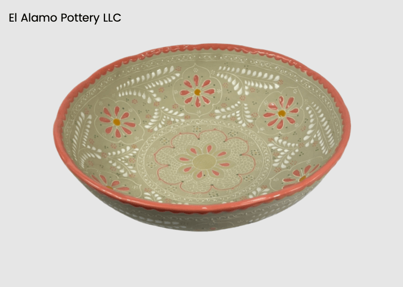 Handcrafted Talavera Serving Bowl – Coral Rim with Warm Floral Accents (12")