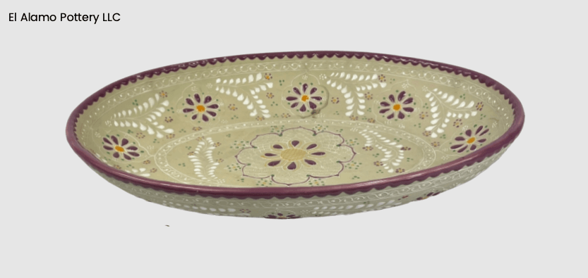 Handcrafted Talavera Oval Serving Platter – Plum Rim with Violet Blooms (14.25" x 10.25" x 2.5")