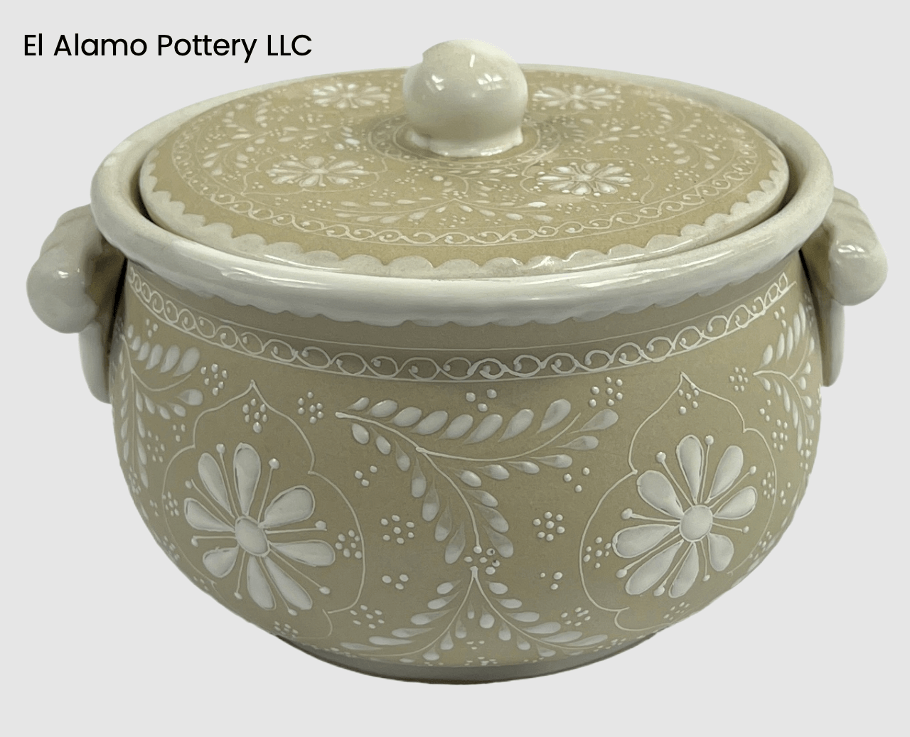 Handcrafted Talavera Tureen – Soft Beige with White Floral Relief