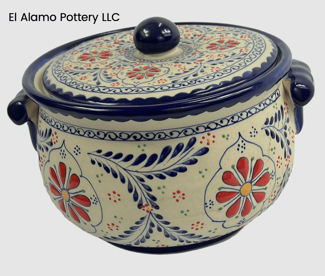 Handcrafted Talavera Tureen – Red Floral & Blue Vine Pattern
