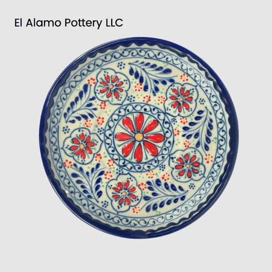 Handcrafted Talavera Bread & Butter Plate – Blue Rim with Red Floral Accents (6")
