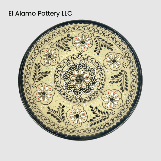 Handcrafted Talavera Bread & Butter Plate – Classic Black Floral Scroll (6")