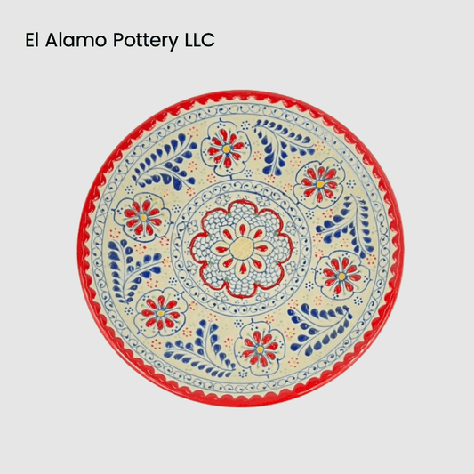 Handcrafted Talavera Appetizer Plate – Red Rim with Bold Bloom Center (8")