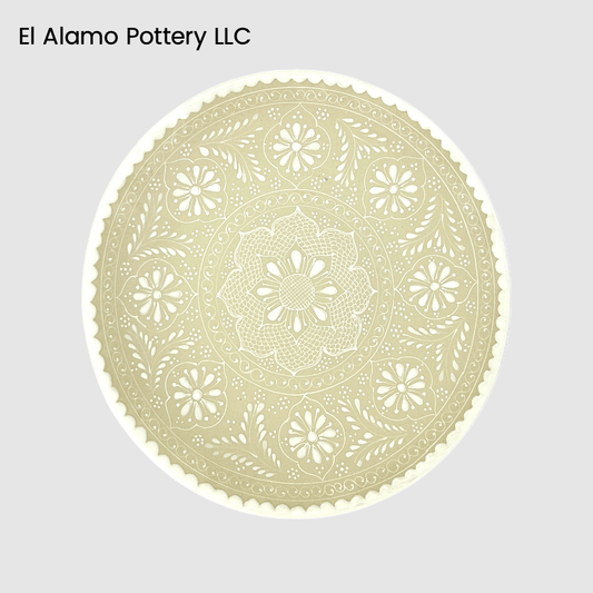 Handcrafted Talavera Salad & Dessert Plate – White on Beige Lace Floral Design (9")