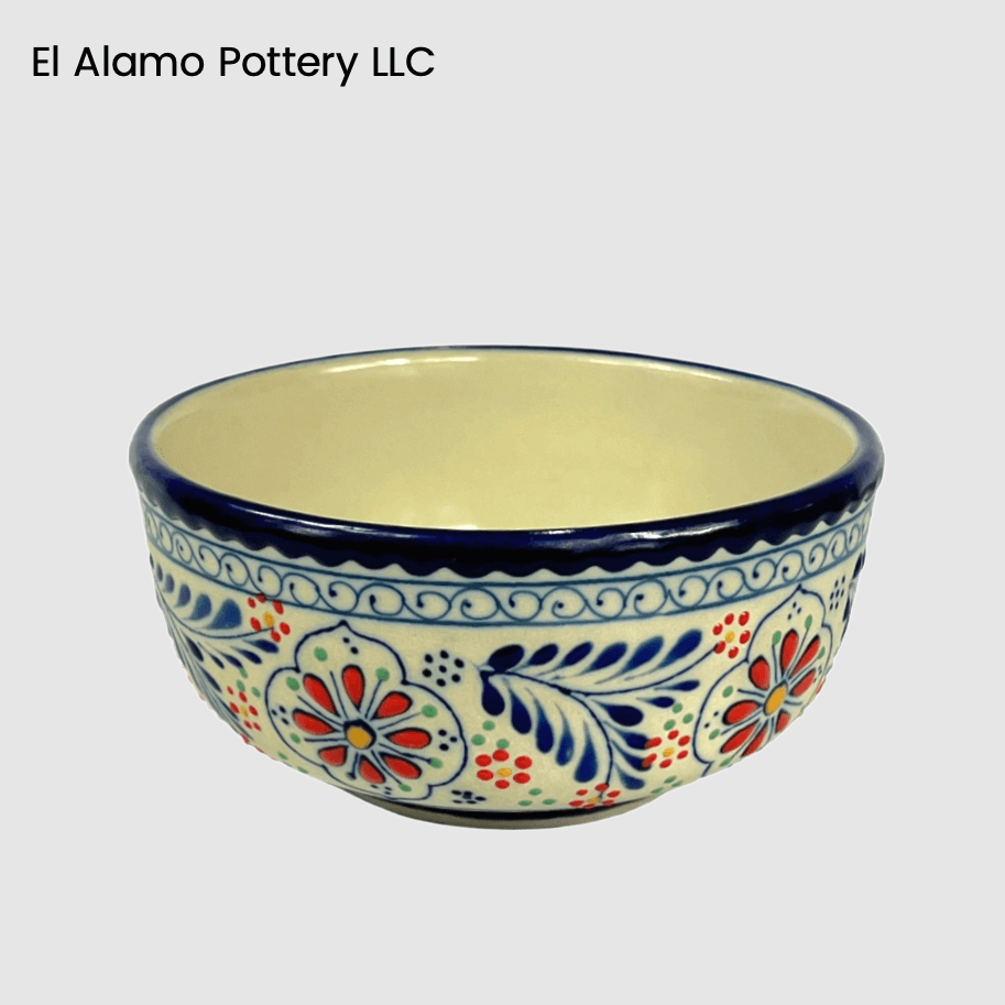 Handcrafted Talavera Soup Bowl – Blue Rim with Red Bloom Accents
