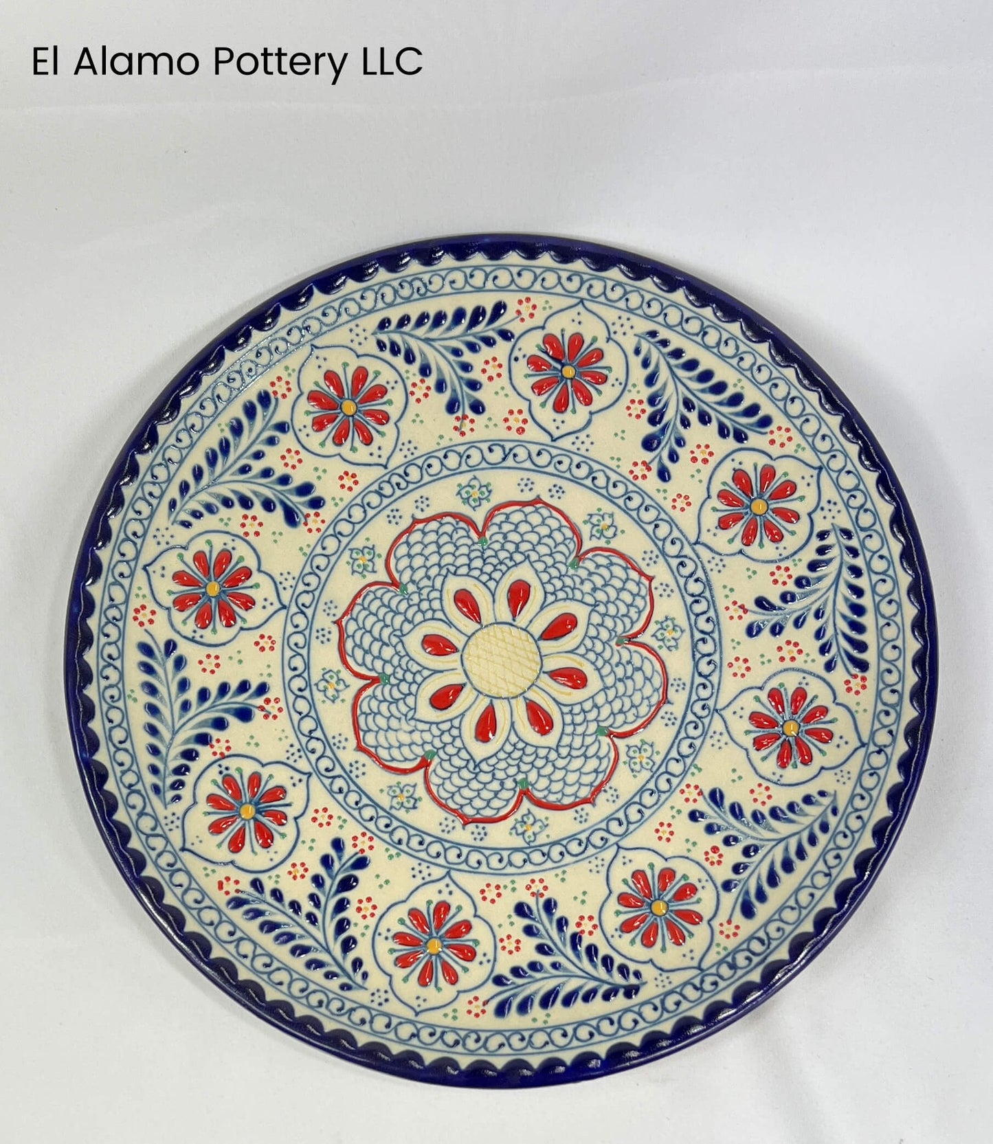 Handcrafted Talavera Dinner Plate – Red & Blue Floral Fiesta (11")