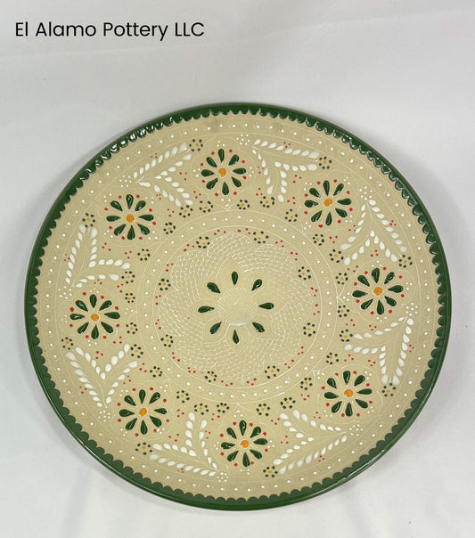 Handcrafted Talavera Dinner Plate – Forest Green Bloom & Natural Tone (11")