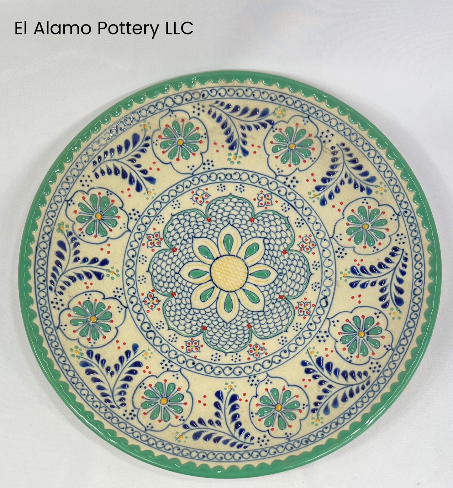 Handcrafted Talavera Dinner Plate – Mint Green Bloom with Blue Accents (11")