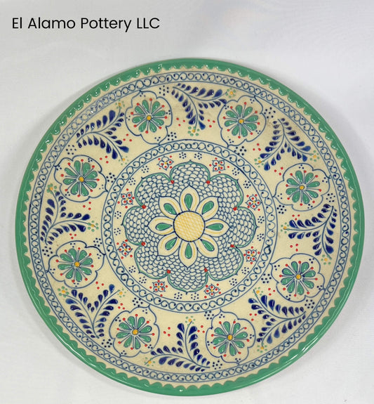 Handcrafted Talavera Dinner Plate – Mint Green Bloom with Blue Accents (11")