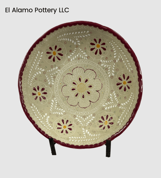 Handcrafted Talavera Serving Bowl – Burgundy Rim with Golden Floral Detail (12")