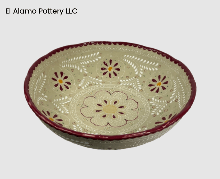 Handcrafted Talavera Serving Bowl – Burgundy Rim with Golden Floral Detail (12")