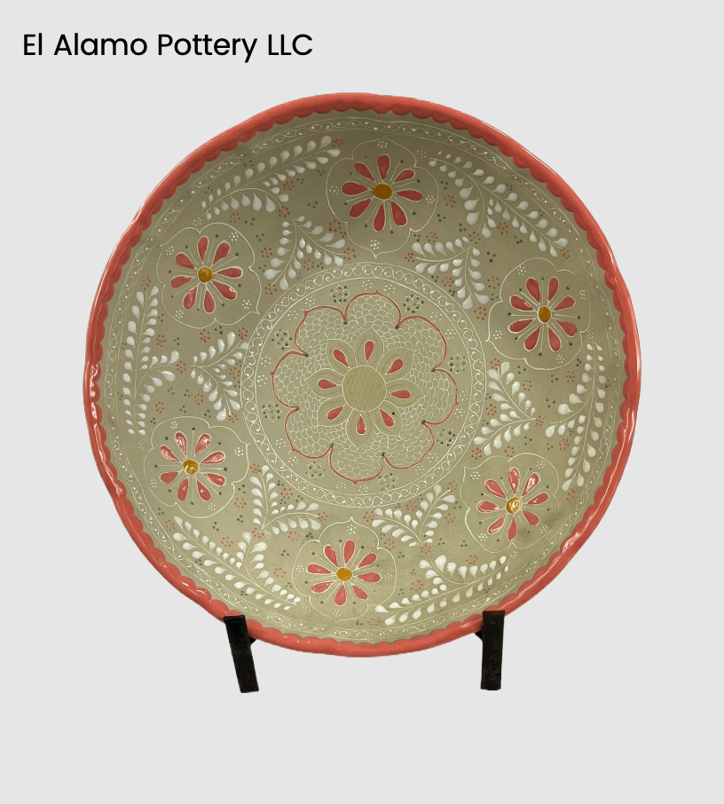 Handcrafted Talavera Serving Bowl – Coral Rim with Warm Floral Accents (12")
