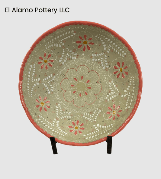 Handcrafted Talavera Serving Bowl – Coral Rim with Warm Floral Accents (12")
