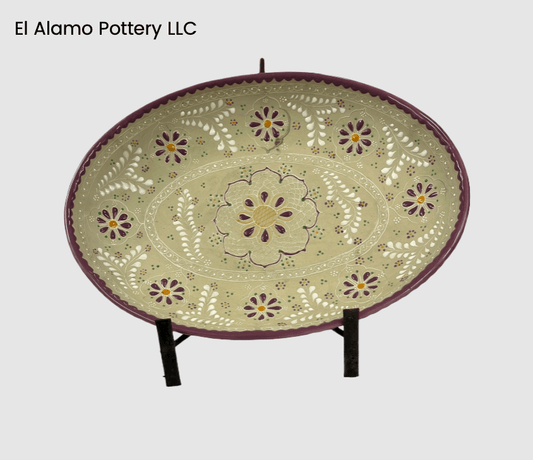Handcrafted Talavera Oval Serving Platter – Plum Rim with Violet Blooms (14.25" x 10.25" x 2.5")