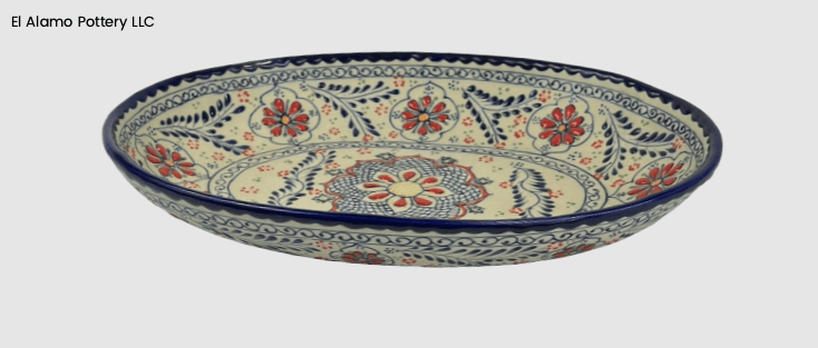 Handcrafted Talavera Oval Serving Platter – Red & Blue Fiesta Pattern (14.25" x 10.25" x 2.5")