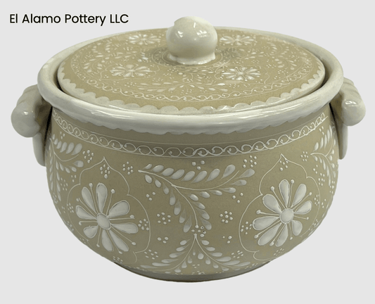 Handcrafted Talavera Tureen – Soft Beige with White Floral Relief